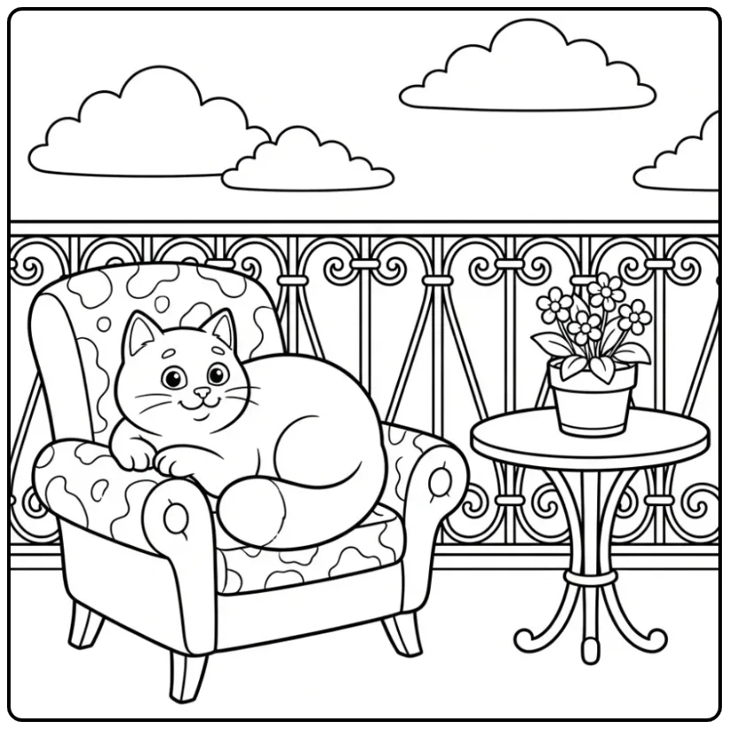 Realistische kleurplaat kat op zonnig balkon met bloempot