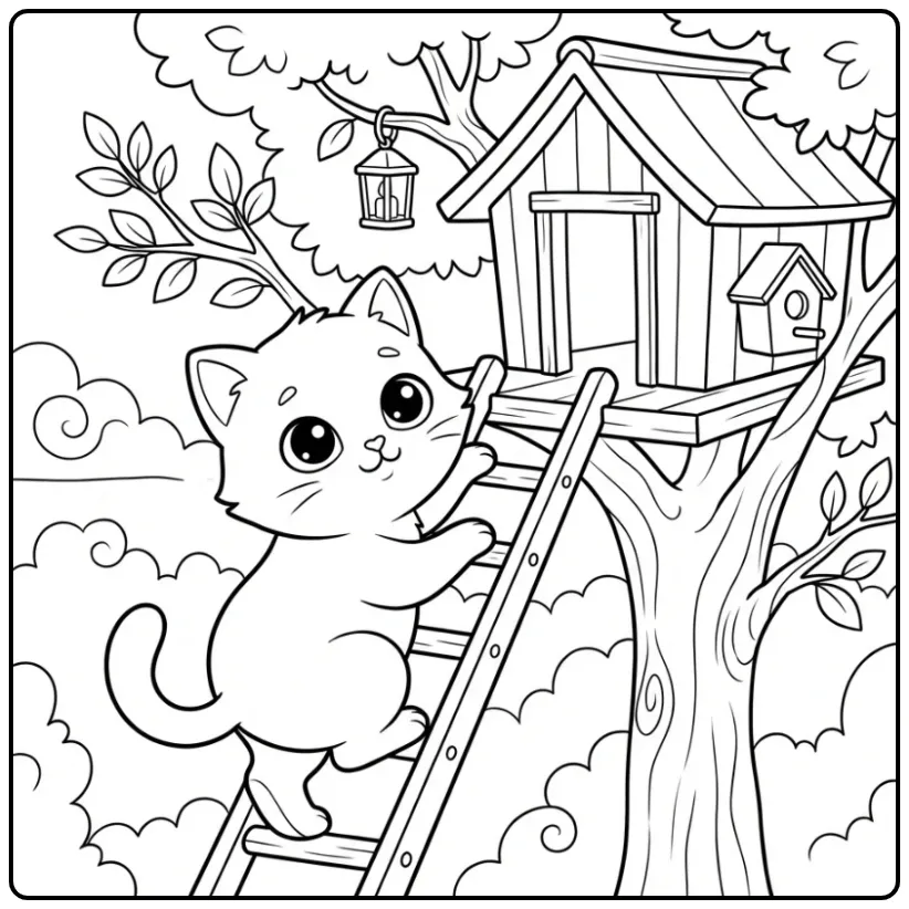 Een schattige kleurplaat kat makkelijk klimt naar de boomhut.