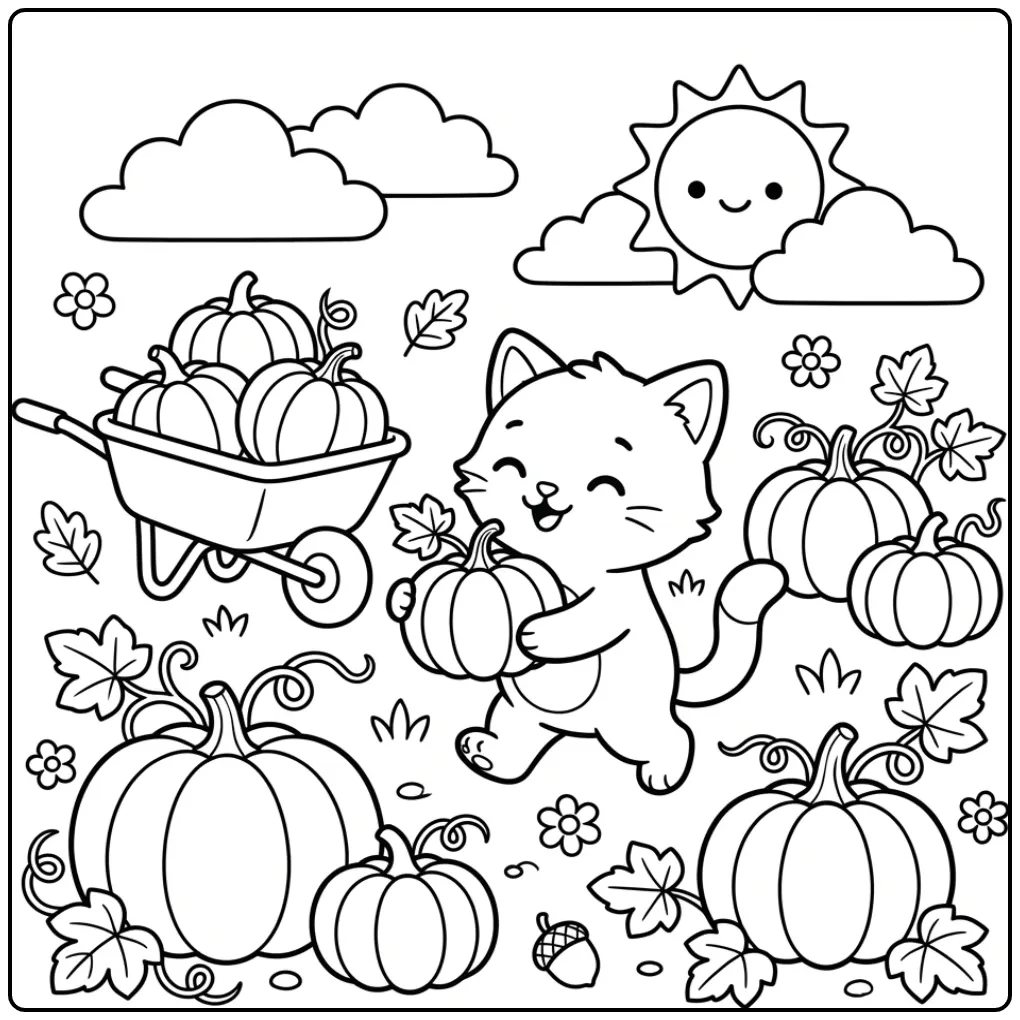 Schattige kleurplaat kat makkelijk in een pompoenveld.