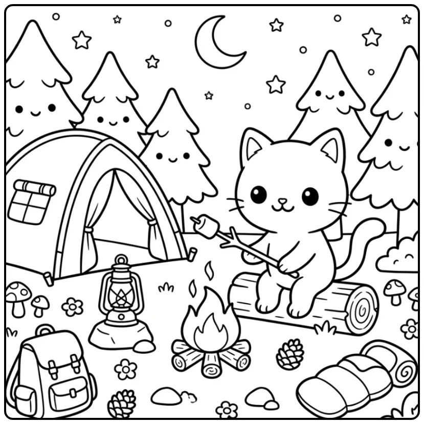 Kamperende kitten kleurplaat kat makkelijk bij kampvuur.
