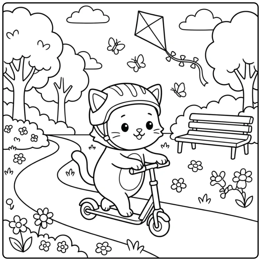 Een kleurplaat kat makkelijk van een kitten op een scooter.