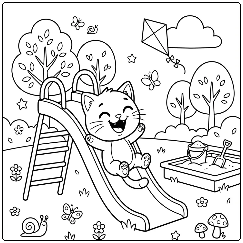 Vrolijke kleurplaat kat makkelijk glijdt van de glijbaan af.