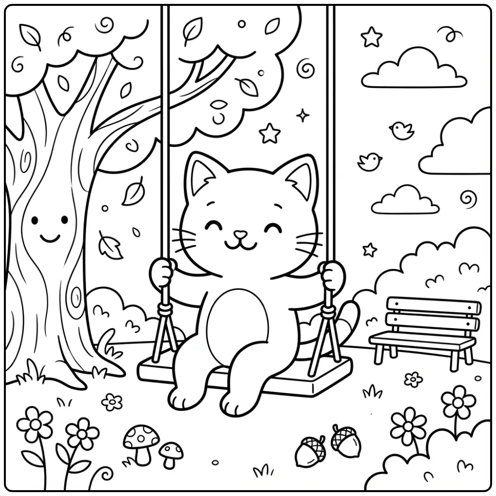 Schattige kleurplaat kat makkelijk op een schommel.