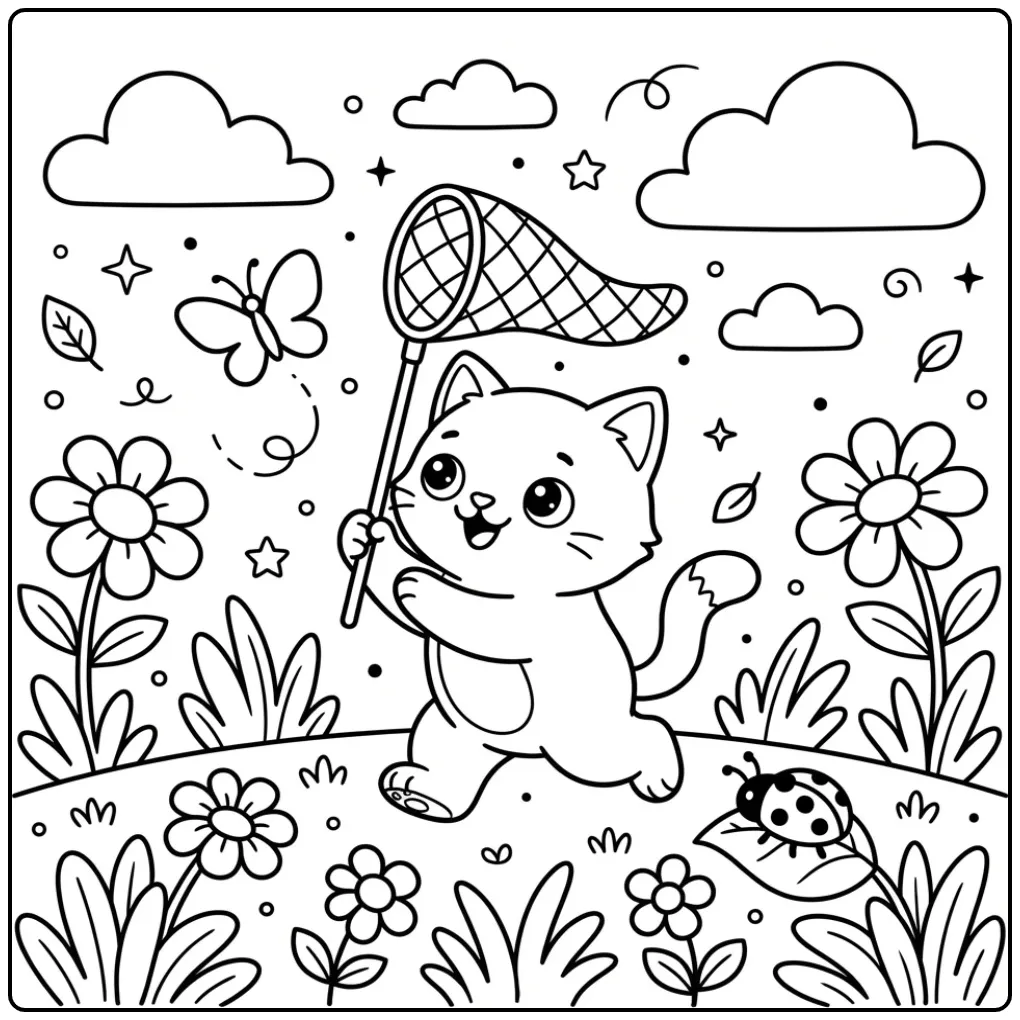 Kleurplaat kat makkelijk die een vlinder vangt in het gras.
