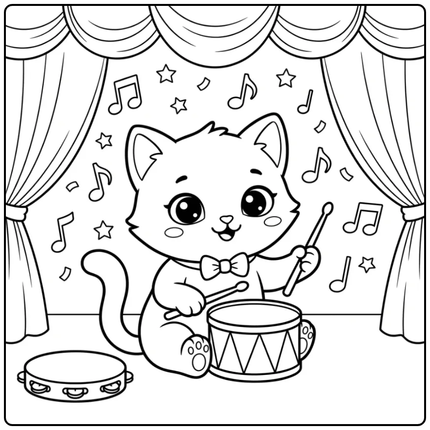 Schattige kleurplaat kat makkelijk met drumstokjes en sterren.
