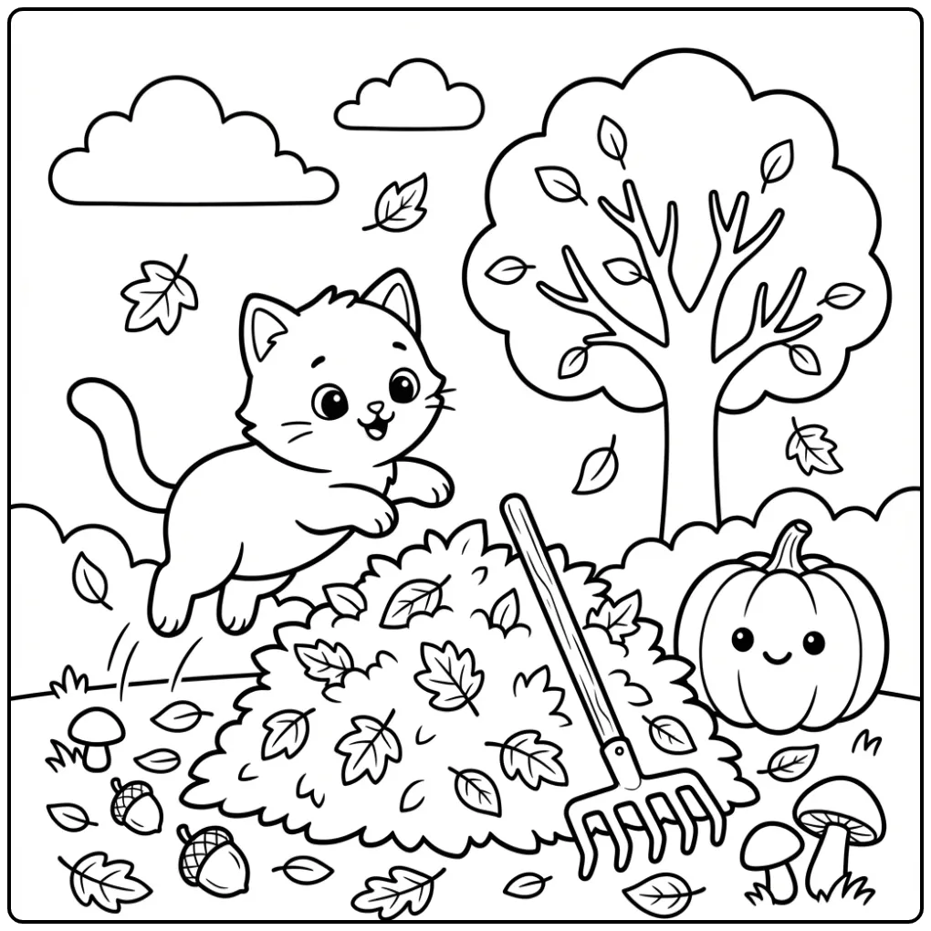 Schattige kleurplaat kat makkelijk met pompoen en bladeren