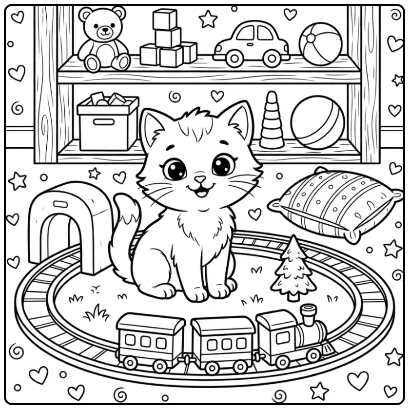 Schattige kleurplaat kat makkelijk met een speelgoedtrein.