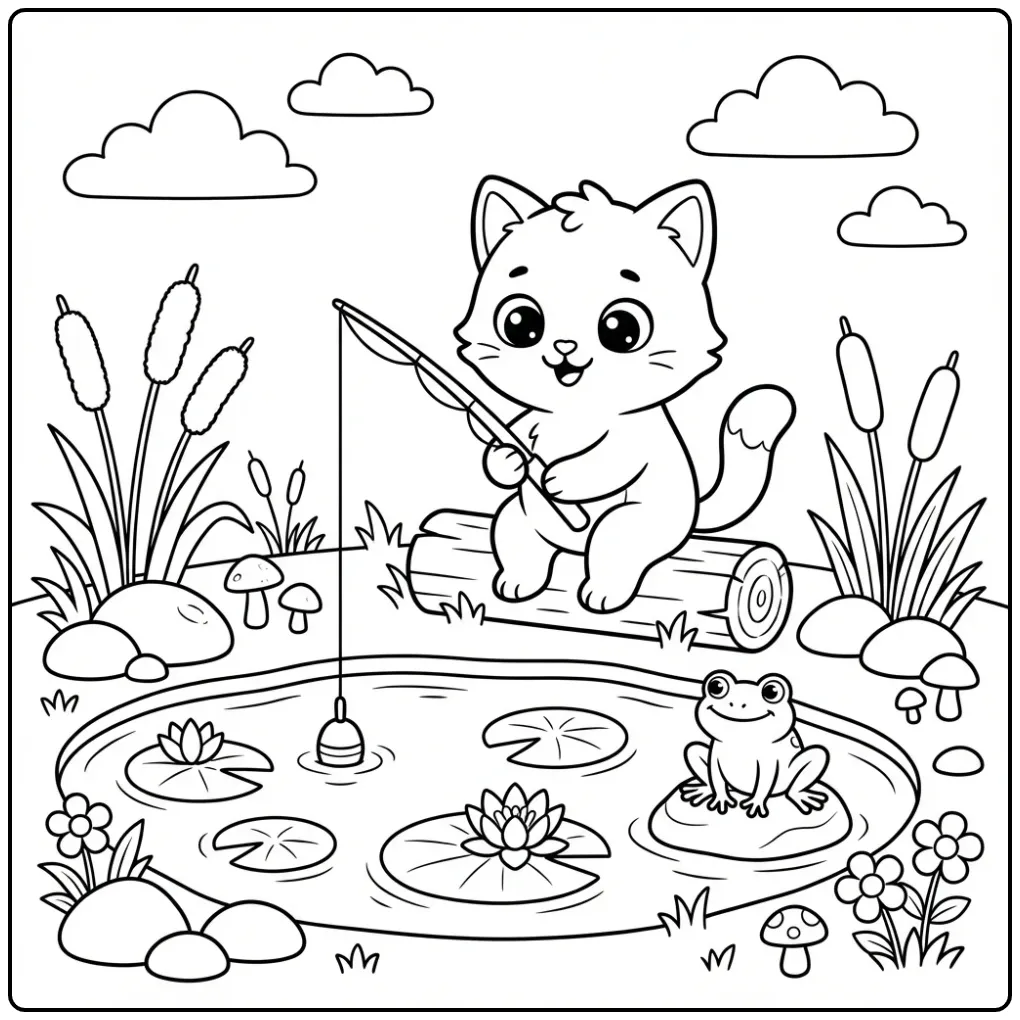 Kleurplaat kat makkelijk vissend bij een vijver met kikker.