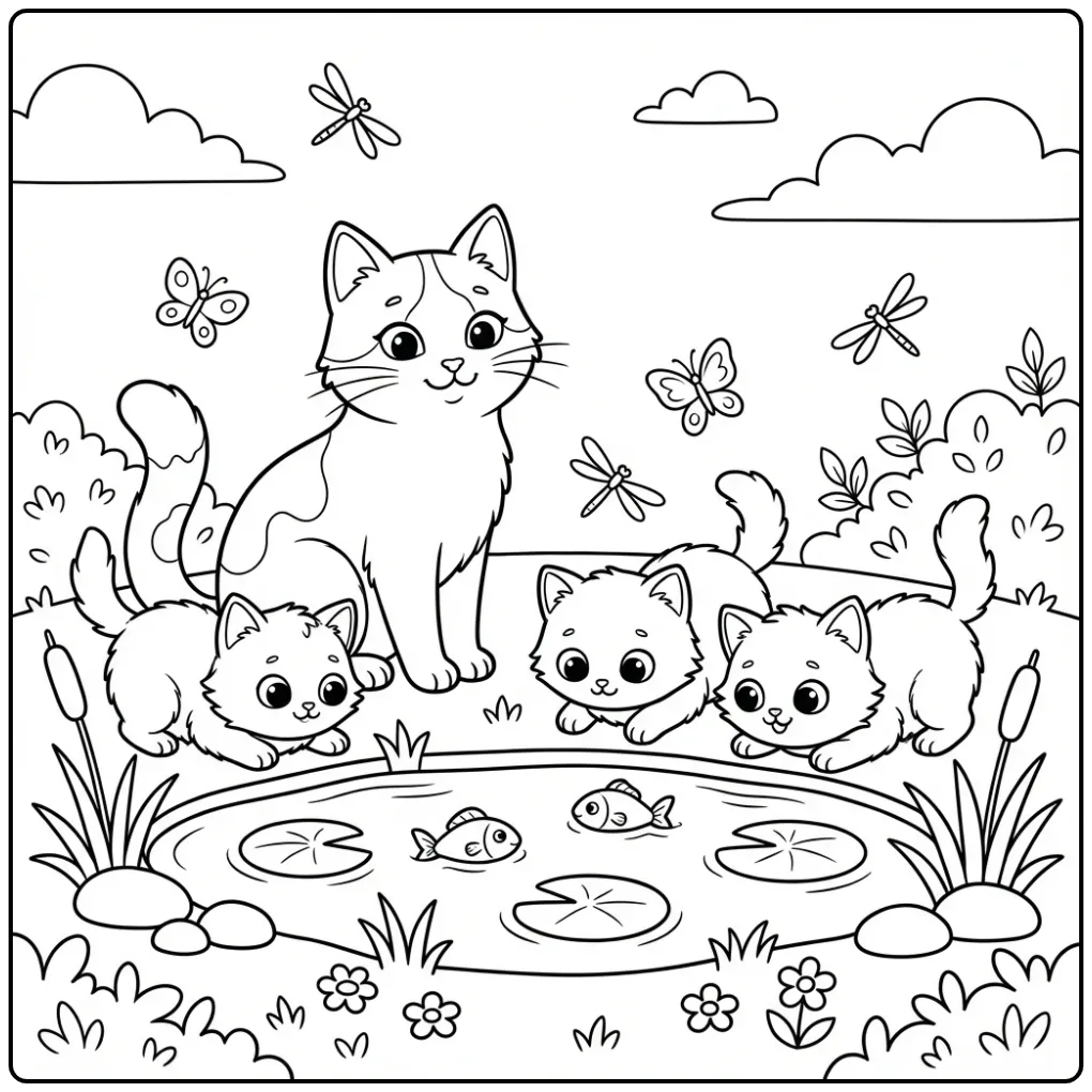 Schattige kleurplaat kat met kittens die naar visjes kijken.