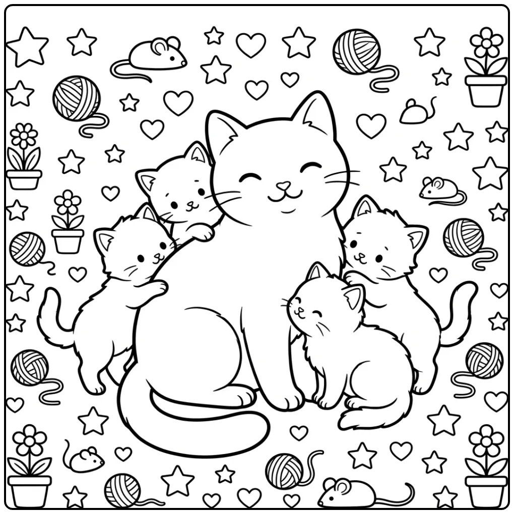 Een schattige kleurplaat kat met kittens tussen de sterretjes.