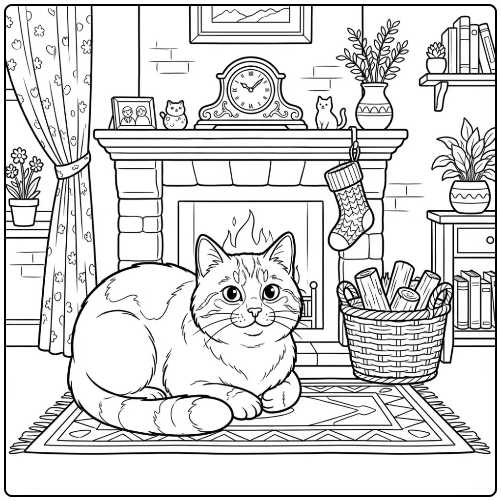 Een gezellige kleurplaat kat zittend bij de open haard.
