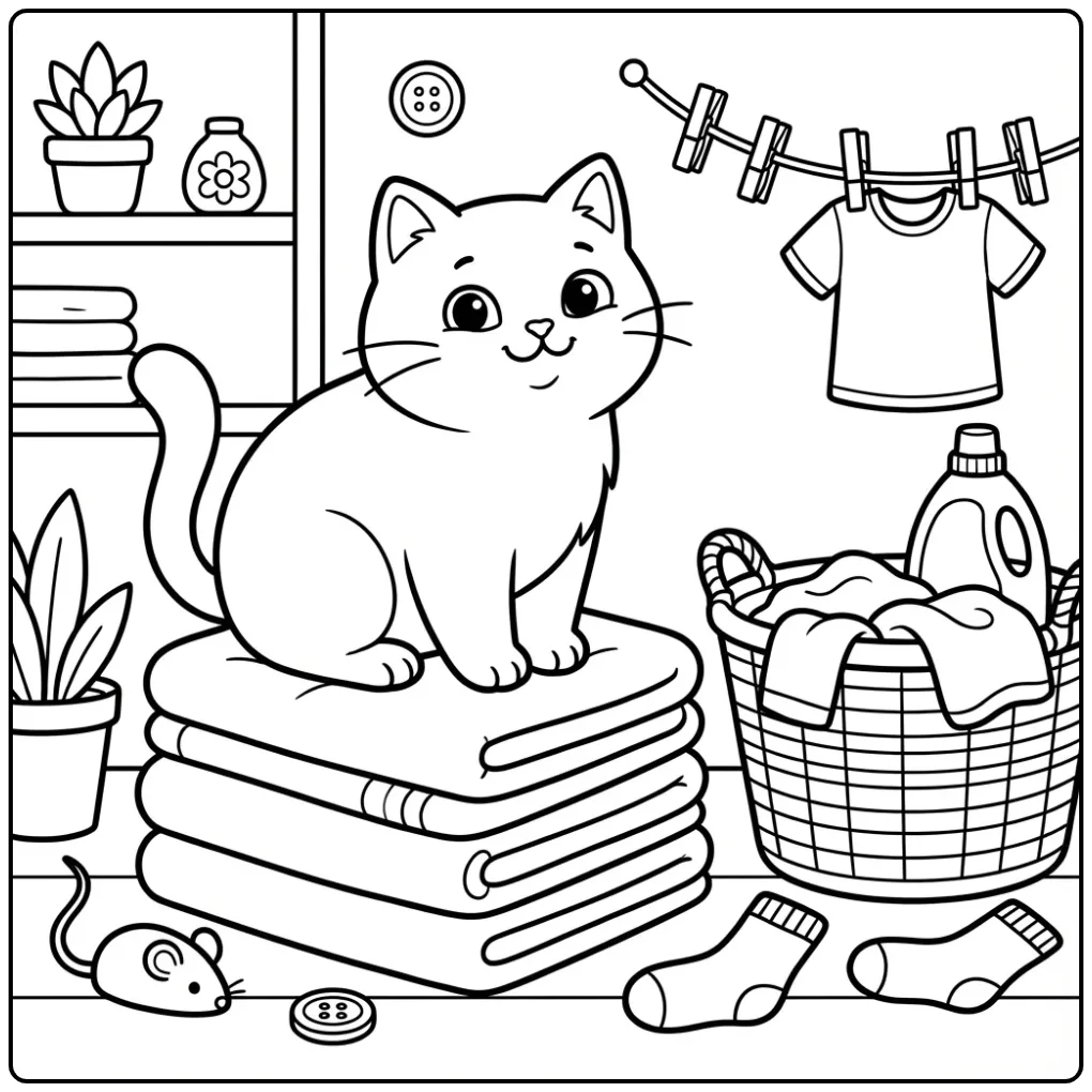 Kleurplaat kat zittend op handdoeken in de wasruimte.