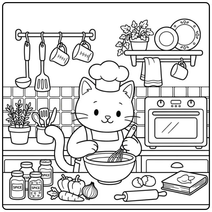Een kleurplaat kat voor volwassenen als chef-kok in keuken.
