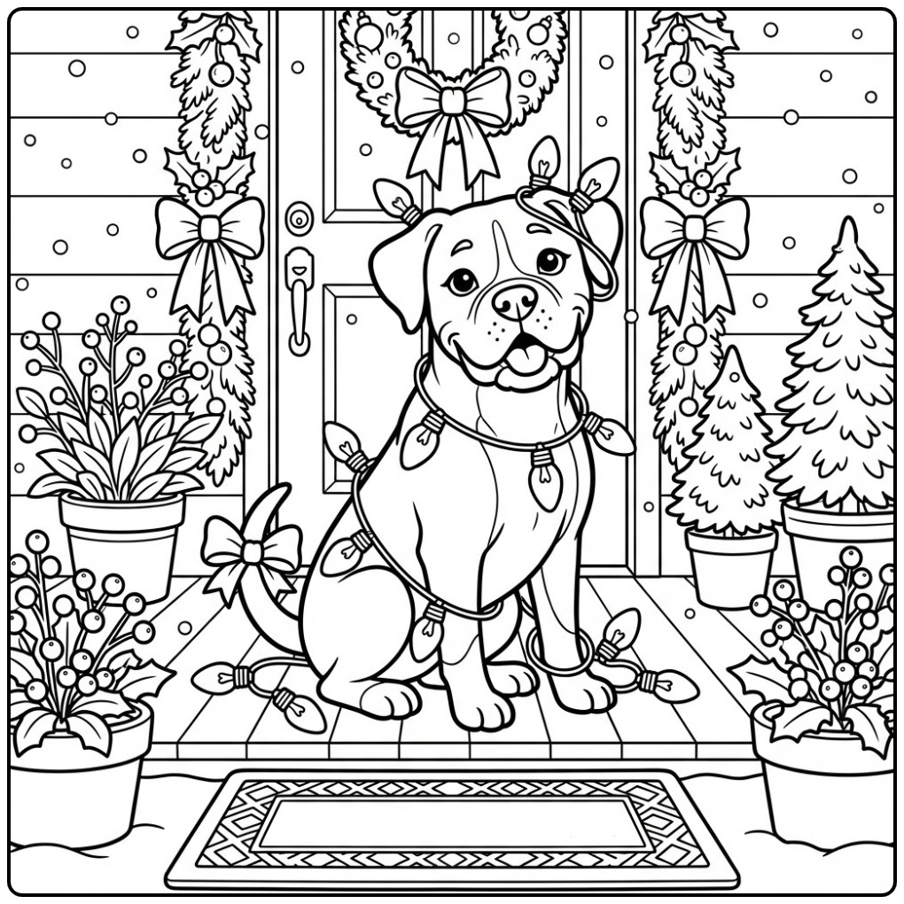 Een schattige kleurplaat kerst hond, een Boxer op de veranda.