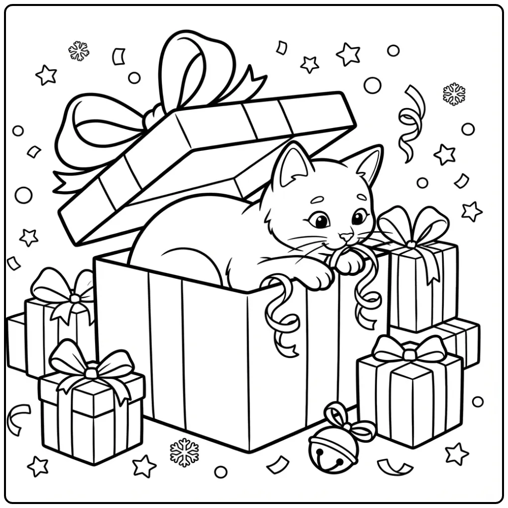 Schattige kleurplaat kerst kat in een doos met feestelijk lint.