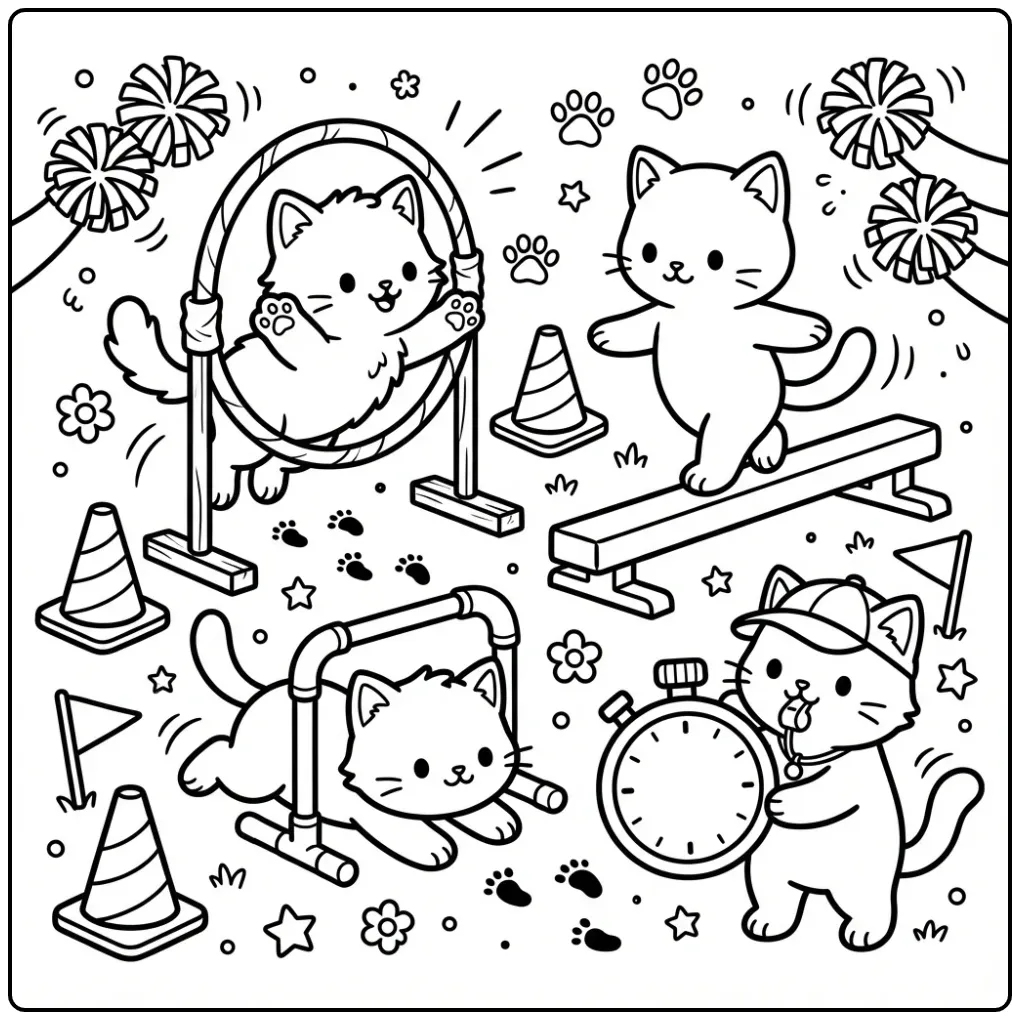 Sportieve kleurplaat kittens op een hindernisbaan.