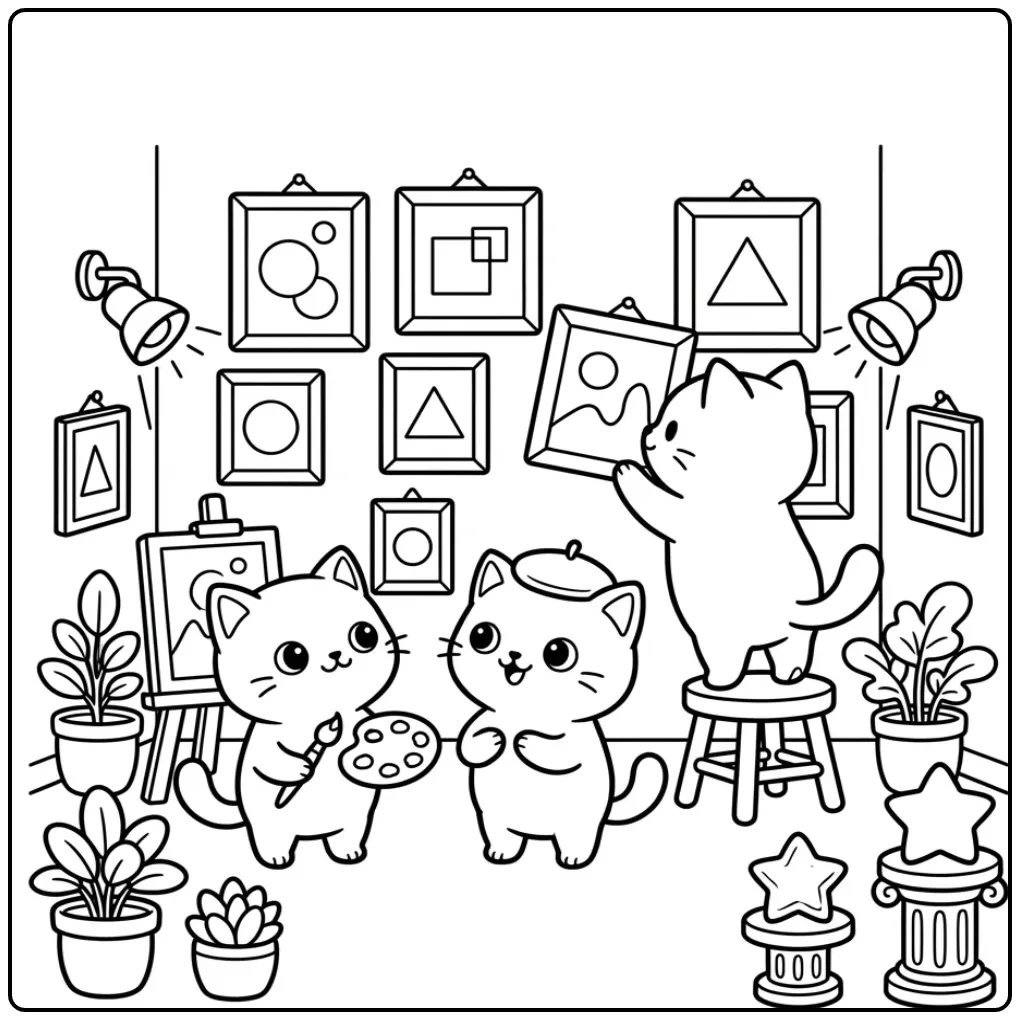 Schattige kleurplaat kittens in een kleine kunstgalerij.