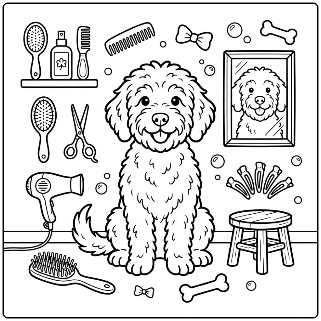 Schattige hond in trimsalon, een kleurplaat labradoodle.