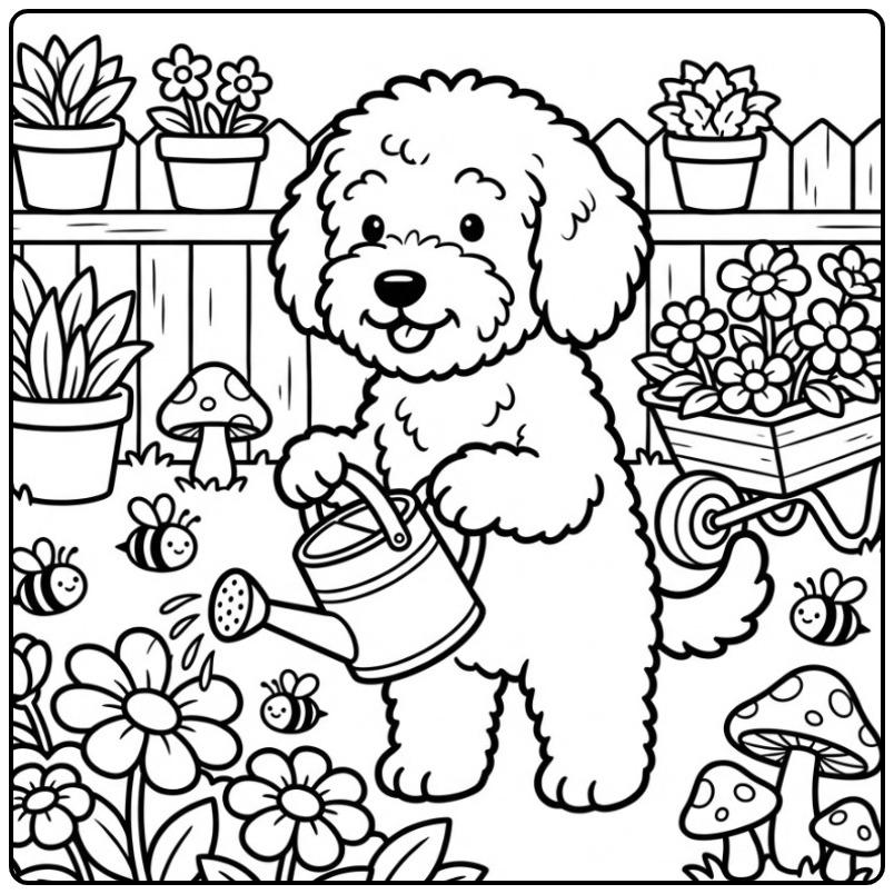 Vrolijke kleurplaat labradoodle geeft bloemen water in de tuin.