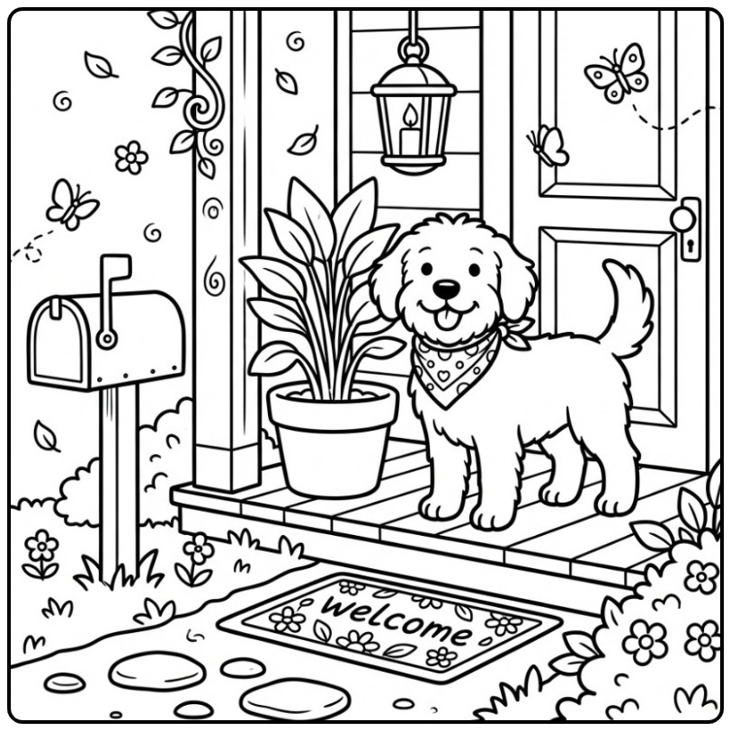 Vrolijke kleurplaat labradoodle op de veranda bij de voordeur.