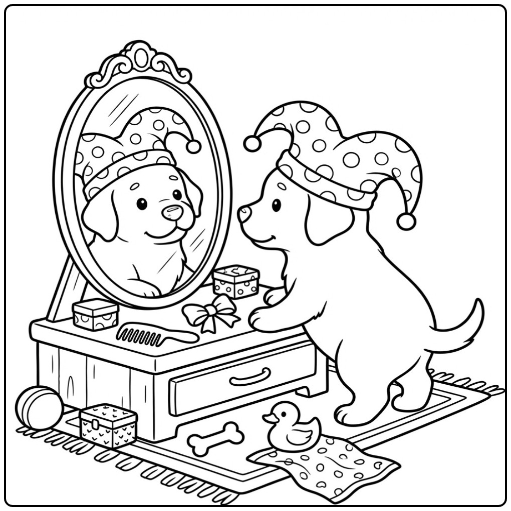 Een schattige kleurplaat labrador met een grappige muts op.