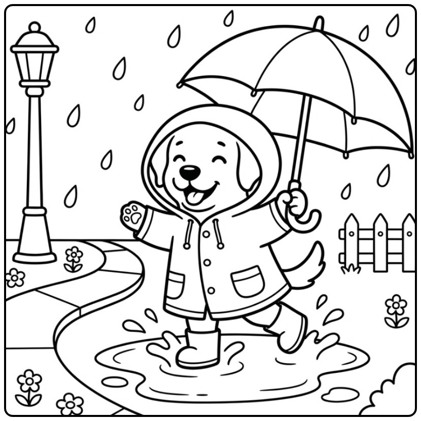 Vrolijke kleurplaat labrador pup met paraplu in de regen.