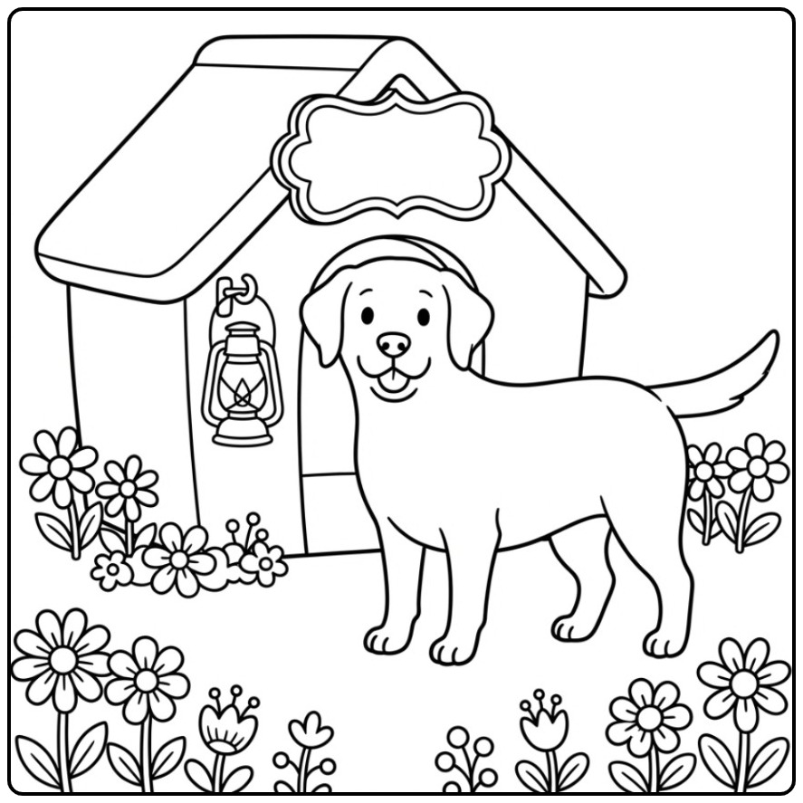 Vrolijke kleurplaat labrador bij een hokje met een lantaarn.