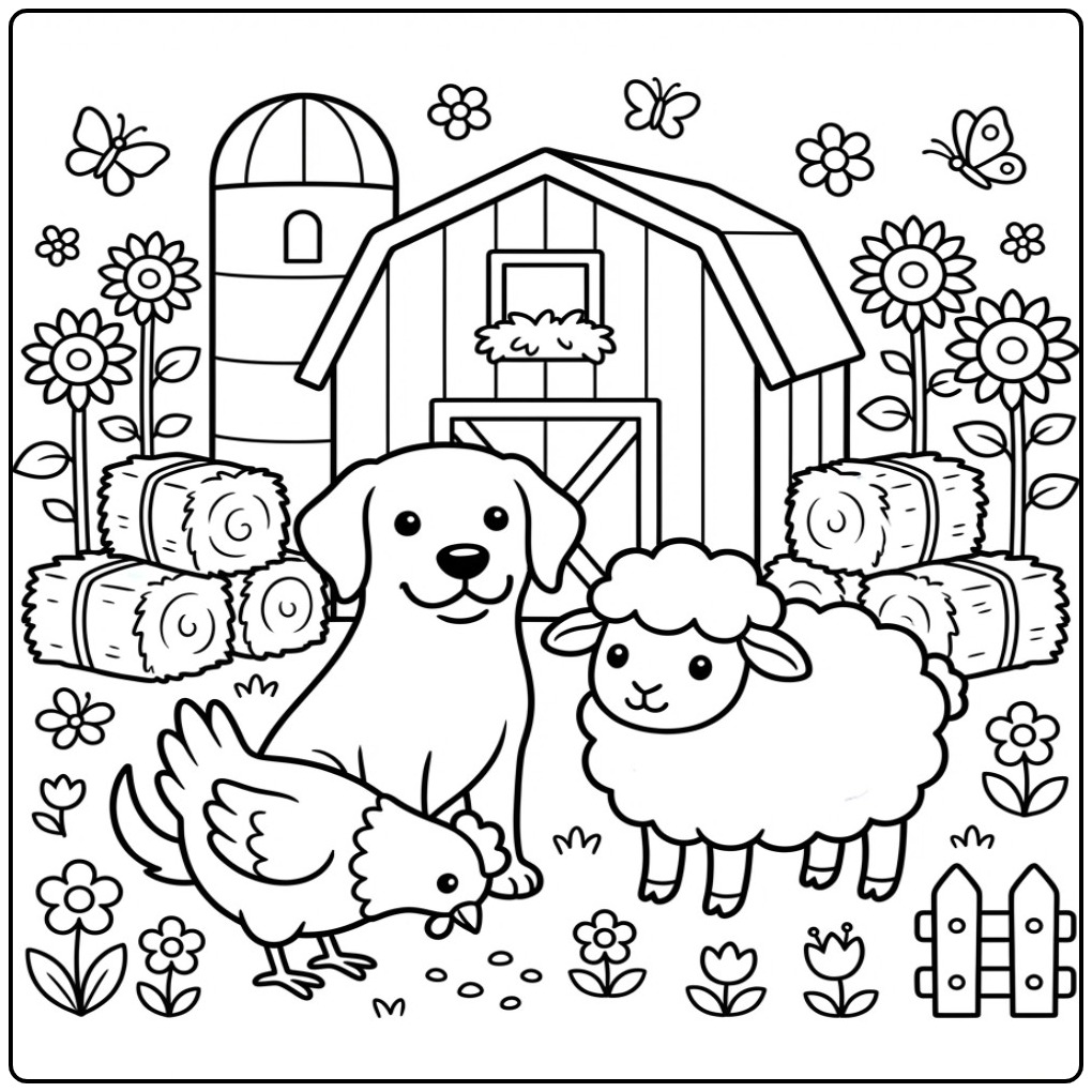 Vrolijke kleurplaat labrador met een schaap en kip op de boerderij.