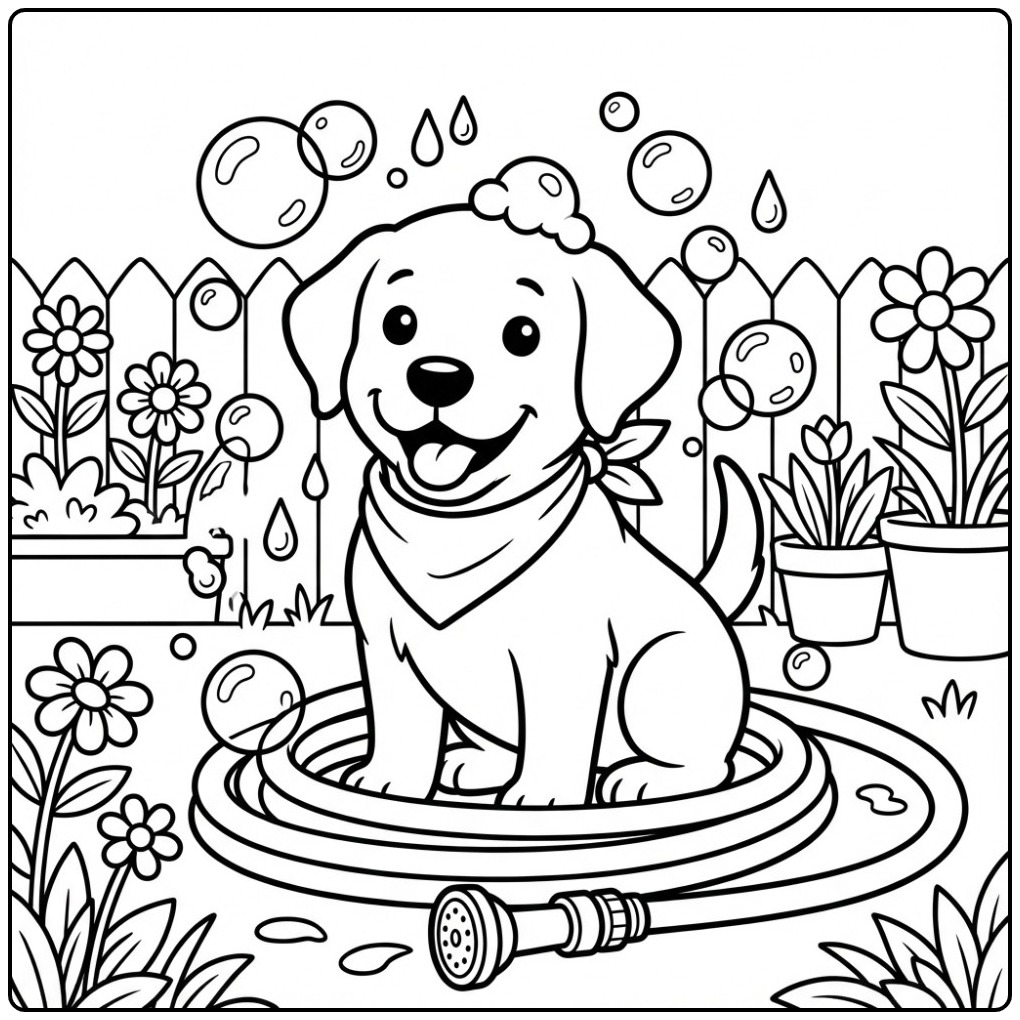 Een vrolijke kleurplaat labrador puppy in een tuinslang.