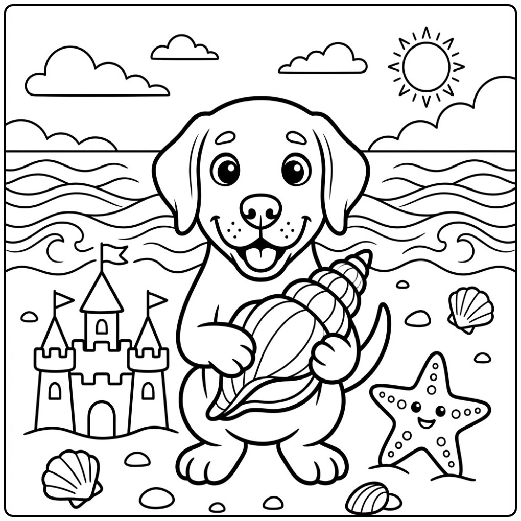 Vrolijke kleurplaat labrador pup met een grote schelp op strand.