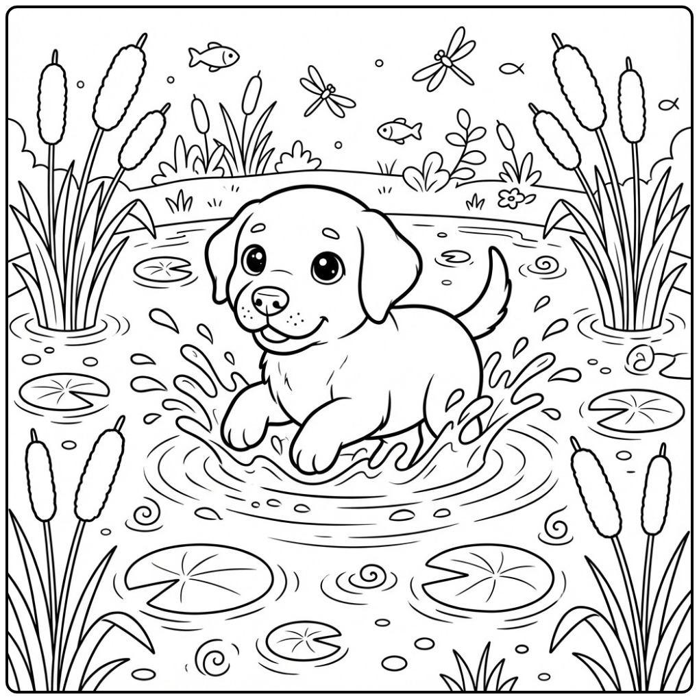 Vrolijke kleurplaat labrador die in het water spettert.