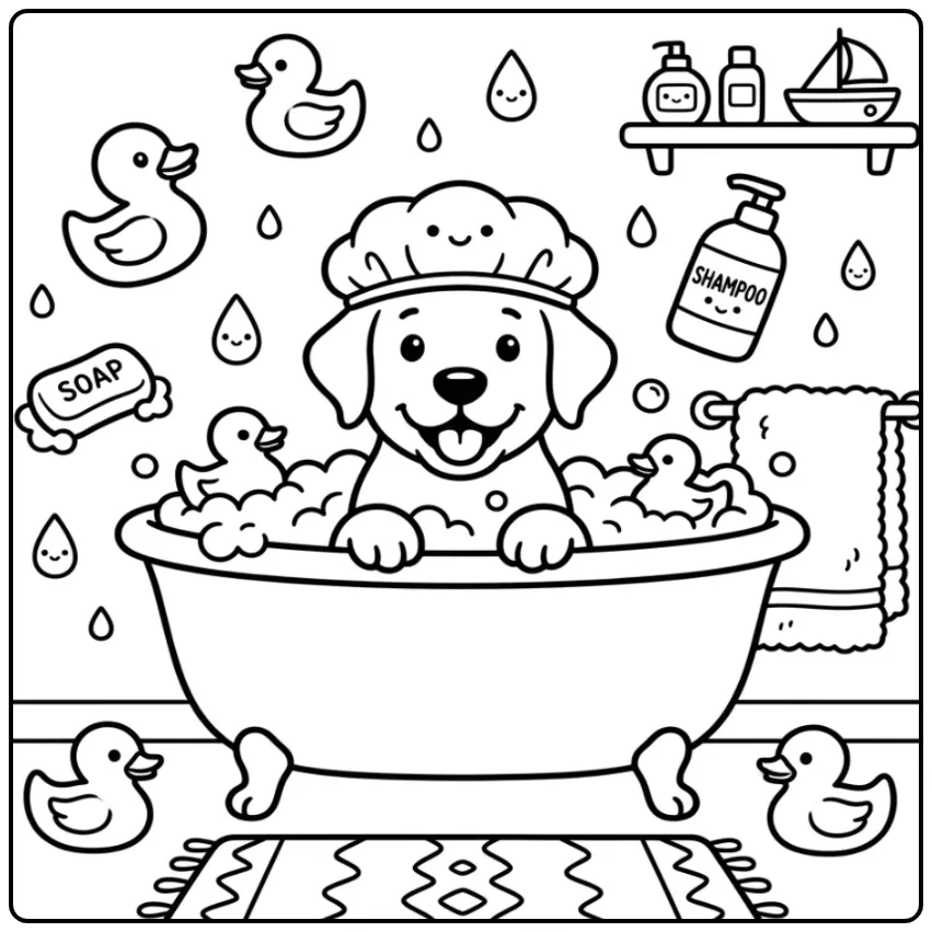 Schattige kleurplaat labrador puppy met badmuts en badeendjes