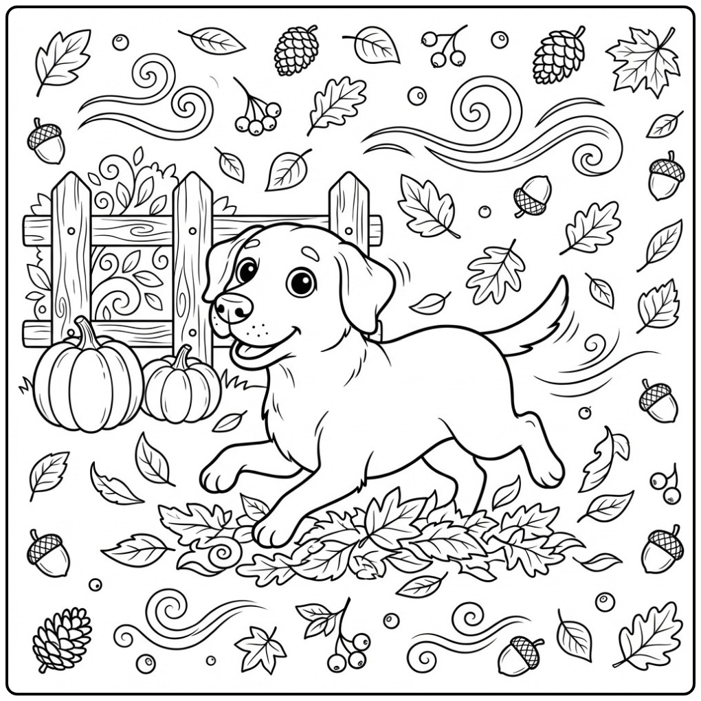 Vrolijke kleurplaat labrador die in de herfstbladeren speelt.