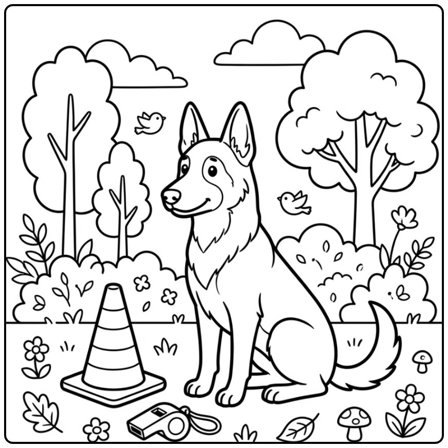 Vrolijke kleurplaat mechelse herder tijdens hondentraining.