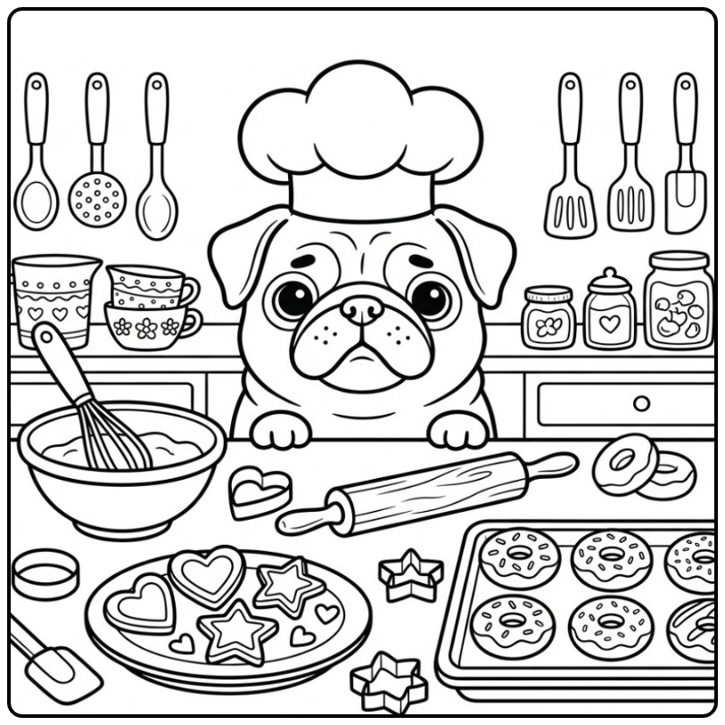 Een schattige kleurplaat mopshond als bakker in de keuken.
