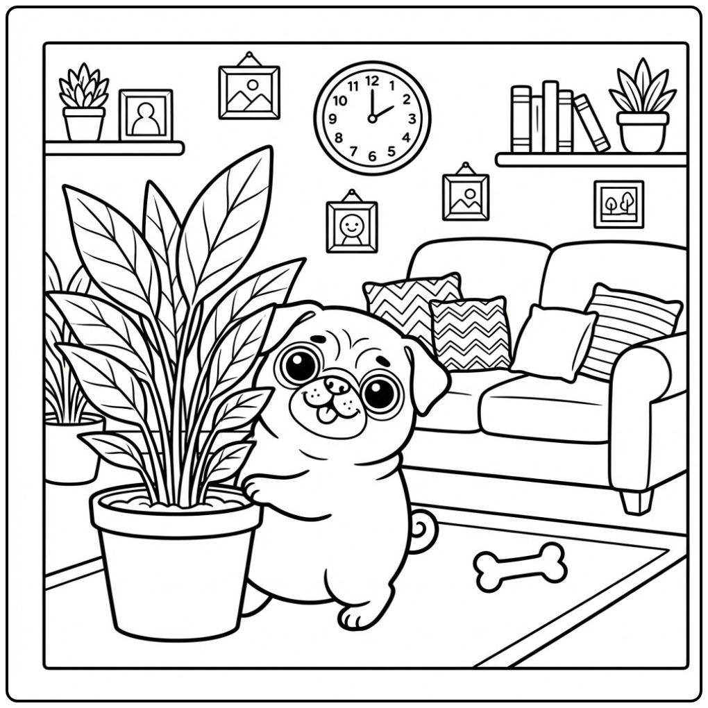 Schattige kleurplaat mopshond in een gezellige woonkamer.