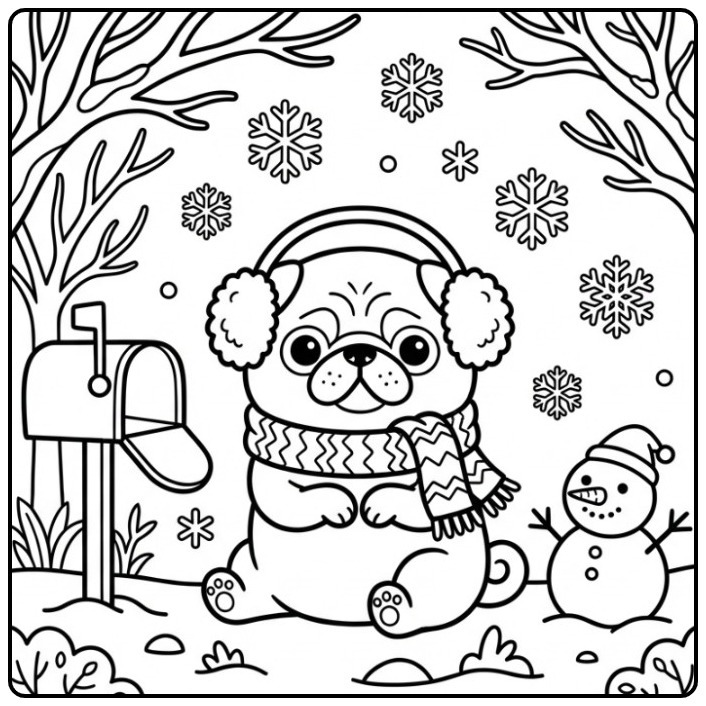 Schattige winterse kleurplaat mopshond met een sjaal en oorwarmers.