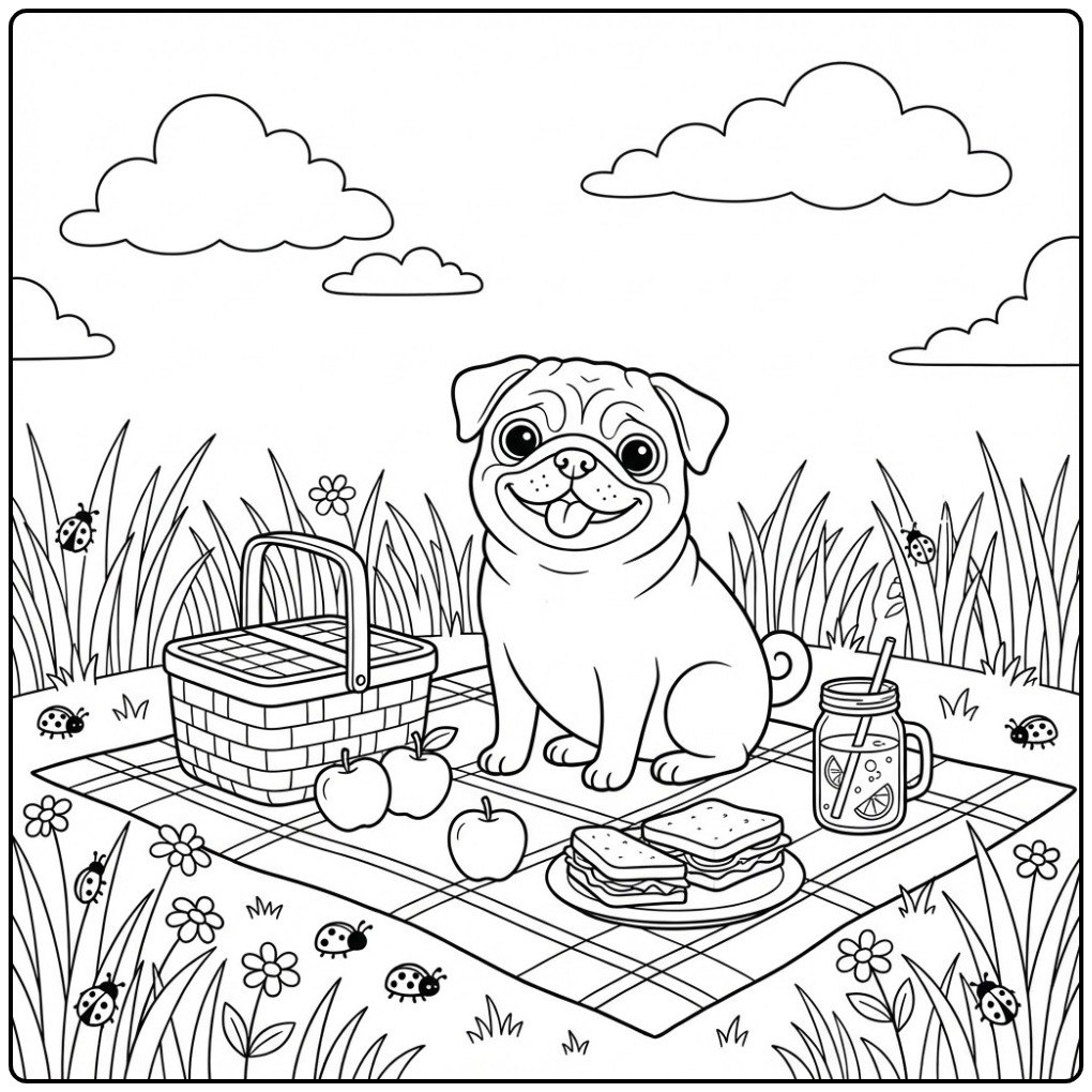 Vrolijke kleurplaat mopshond genietend van een zomerse picknick.