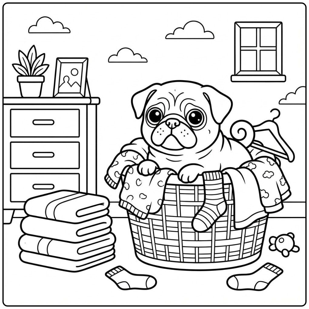Een schattige kleurplaat mopshond in een wasmand