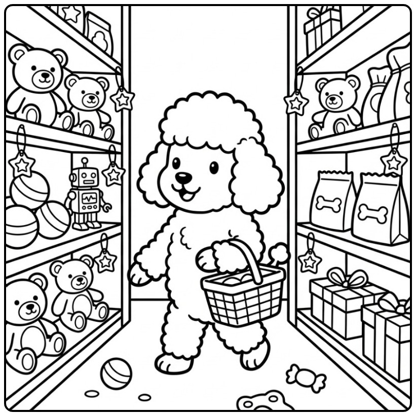 Vrolijke kleurplaat poedel met een mandje in een speelgoedwinkel.