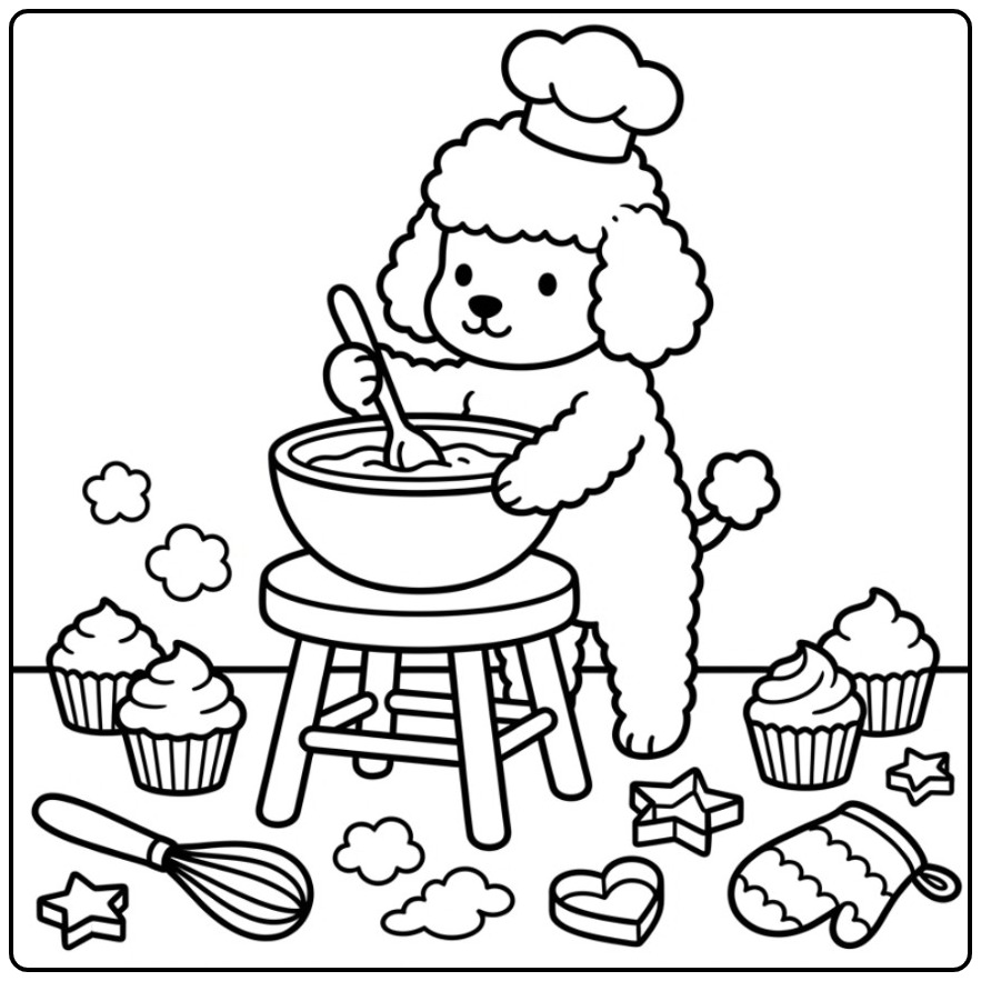 Een schattige kleurplaat poedel die cupcakes aan het bakken is.