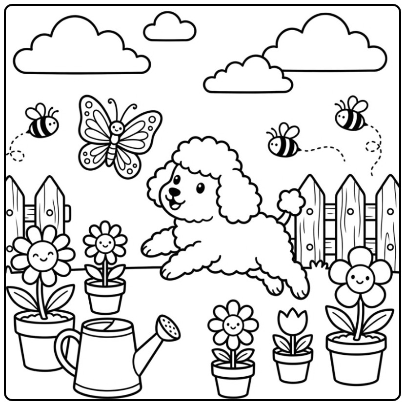 Een vrolijke kleurplaat poedel die in de tuin met bijen speelt.