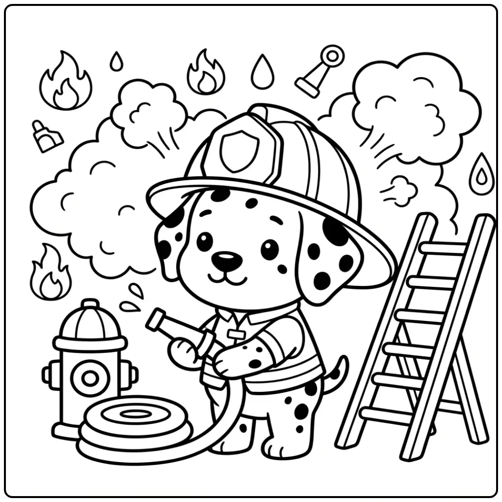Kleurplaat puppy van een dalmatiër als stoere brandweerhond.