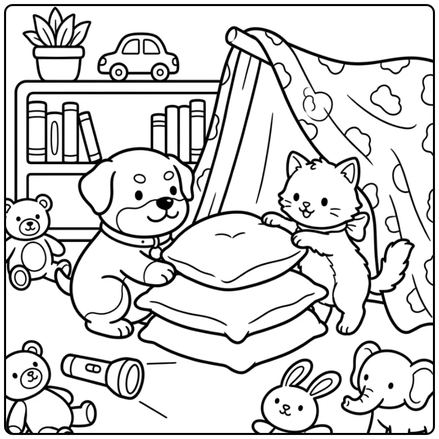 Kleurplaat puppy en kitten bouwen samen een kussenfort.