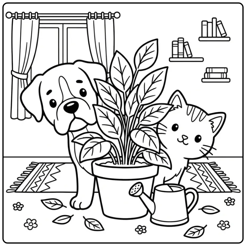 Schattige kleurplaat puppy en kitten spelen verstoppertje.