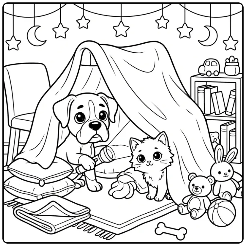 Een kleurplaat puppy en kitten schattig in een dekenfort.