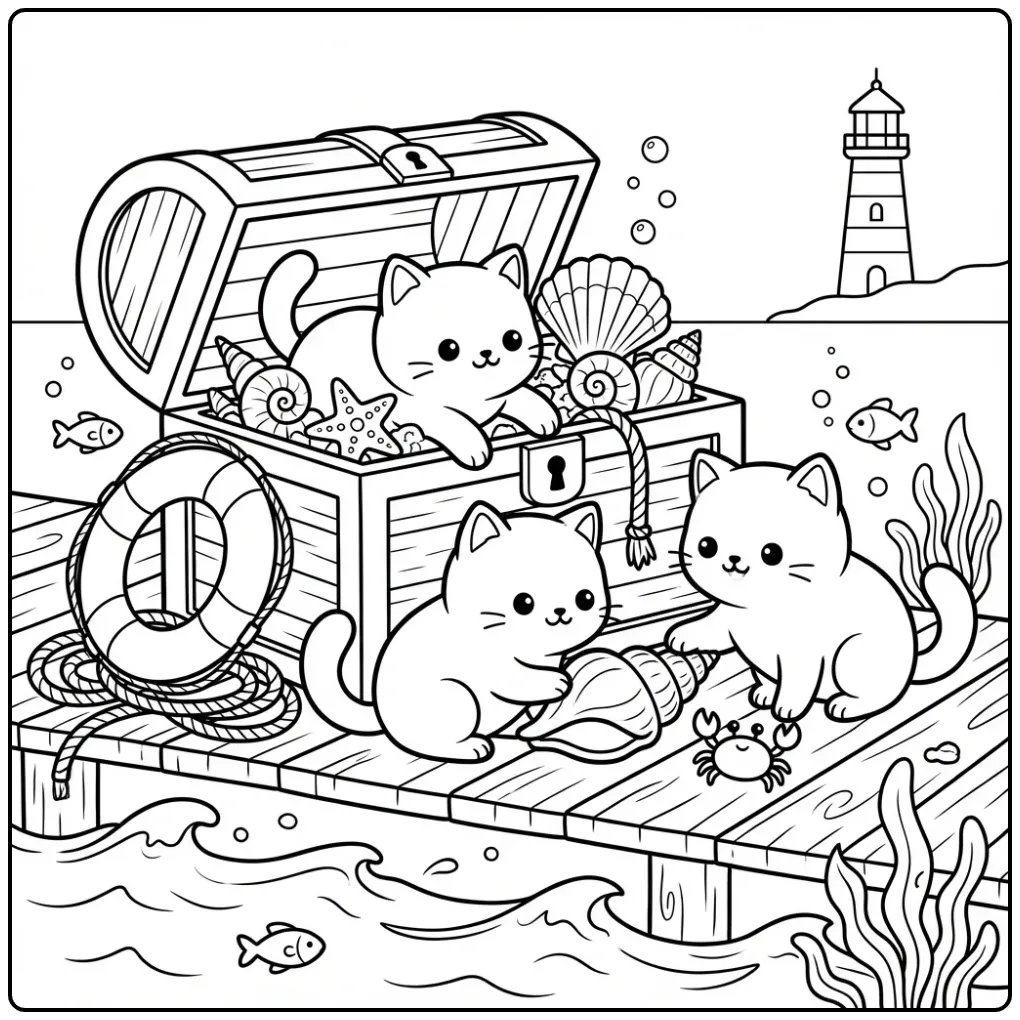 Kleurplaat schattige katjes bij een kist vol schelpen.