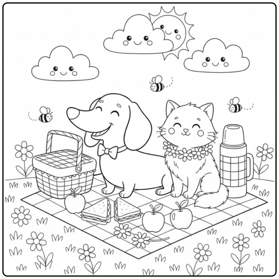 Een vrolijke kleurplaat teckel met een kat op een picknickkleed.