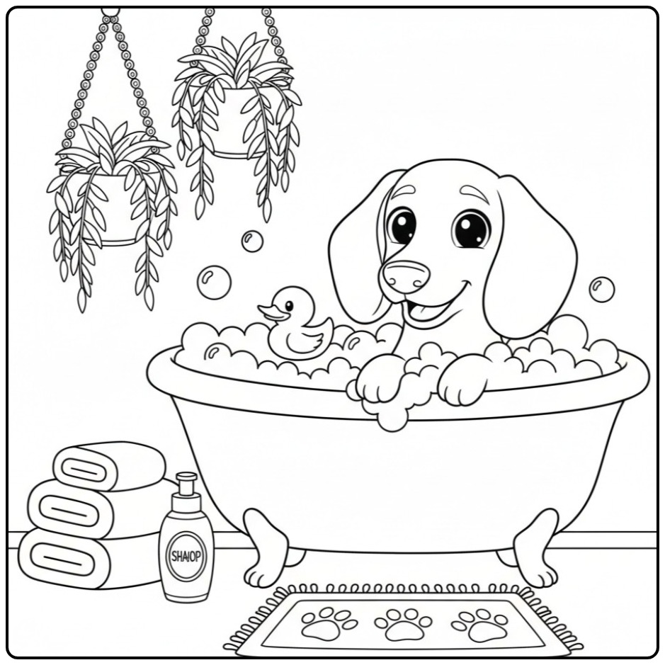 Vrolijke kleurplaat teckel in een schuimbad met een badeend.