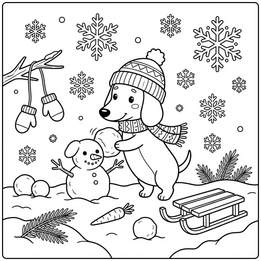 Een vrolijke kleurplaat teckel bouwt een kleine sneeuwpop.